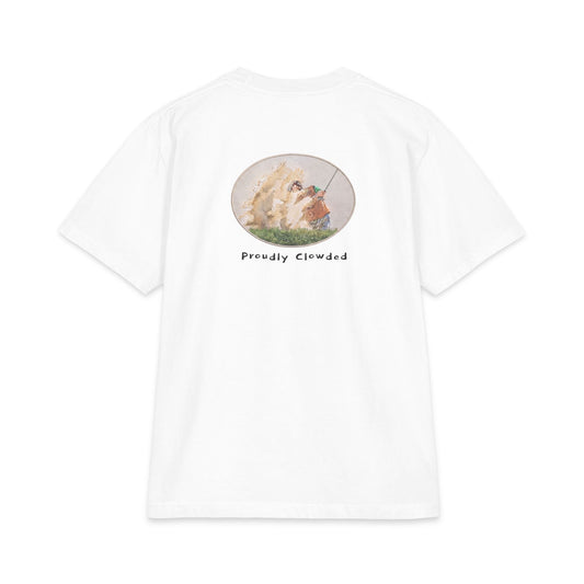 Back of white heavyweight tee — watercolor golfer blasting out of a bunker in a sand cloud, with 'Proudly Clowded' hand-lettered below
