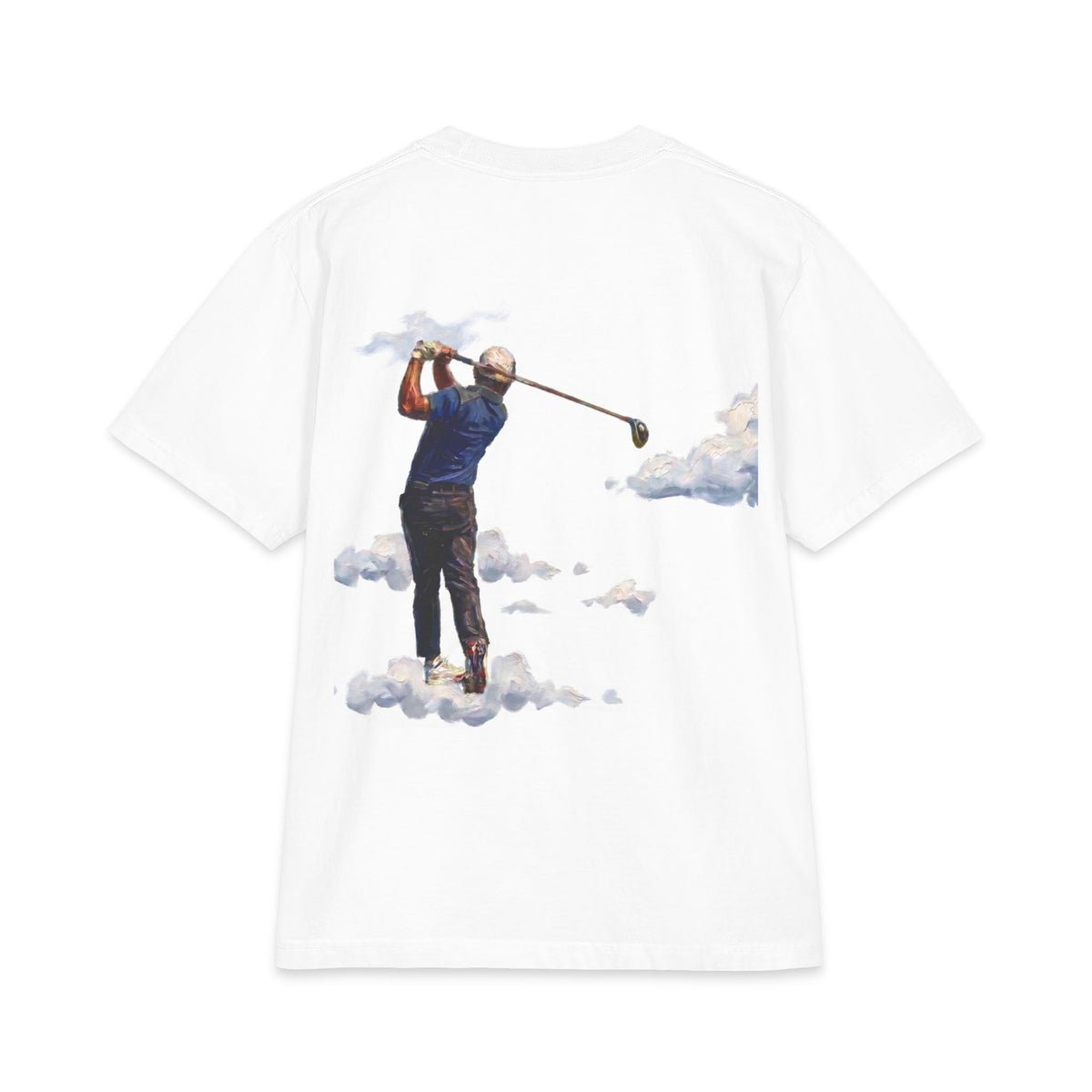Back of white heavyweight tee — hand-painted golfer swinging a driver through the clouds