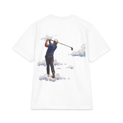 Back of white heavyweight tee — hand-painted golfer swinging a driver through the clouds