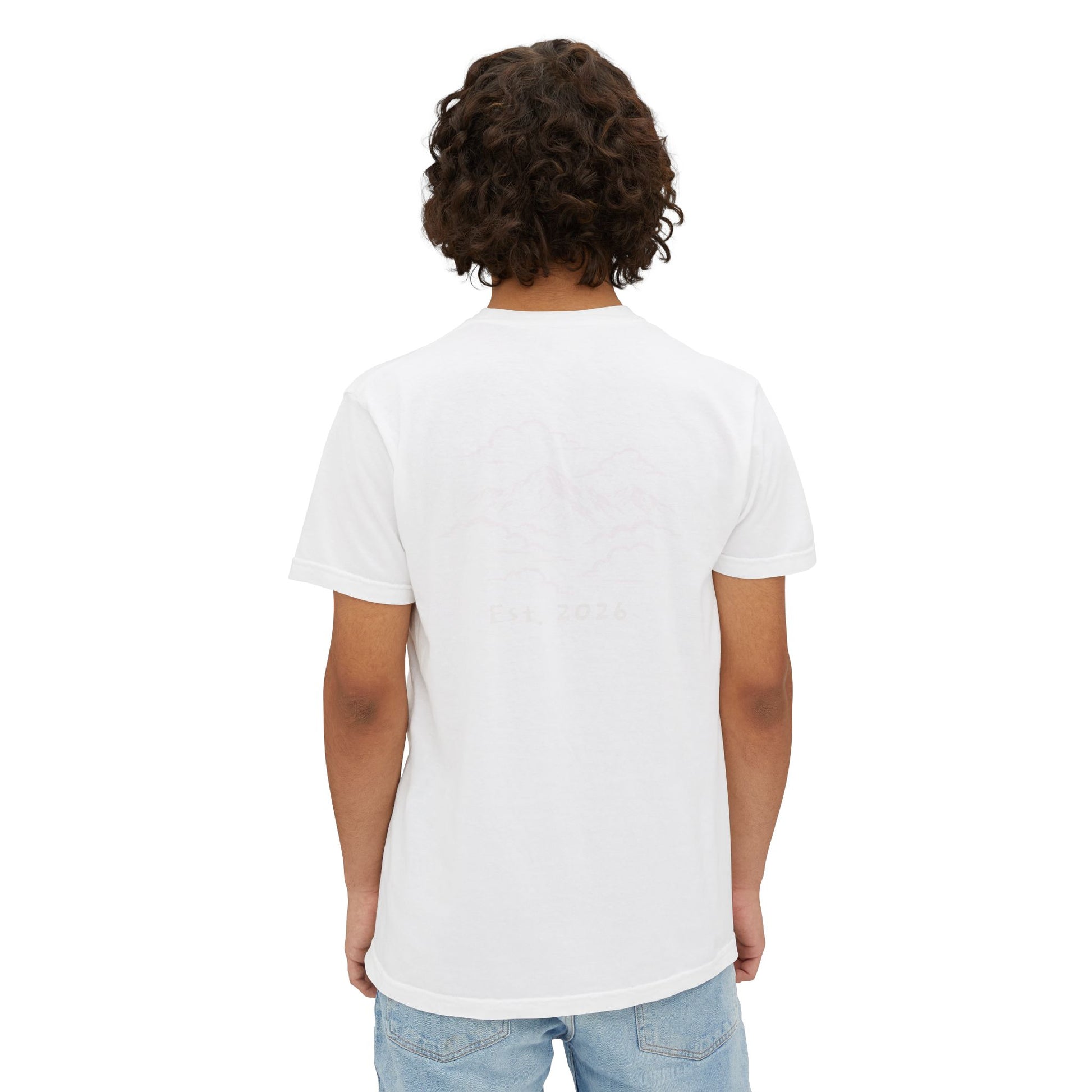 Model wearing the white tee, back view — tone-on-tone mountain print