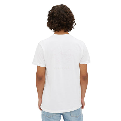 Model wearing the white tee, back view — tone-on-tone mountain print