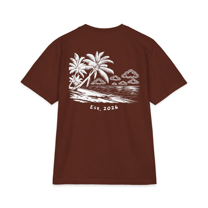 Back of brown tee — white-ink palm beach print with clouds and Est. 2026 lettering