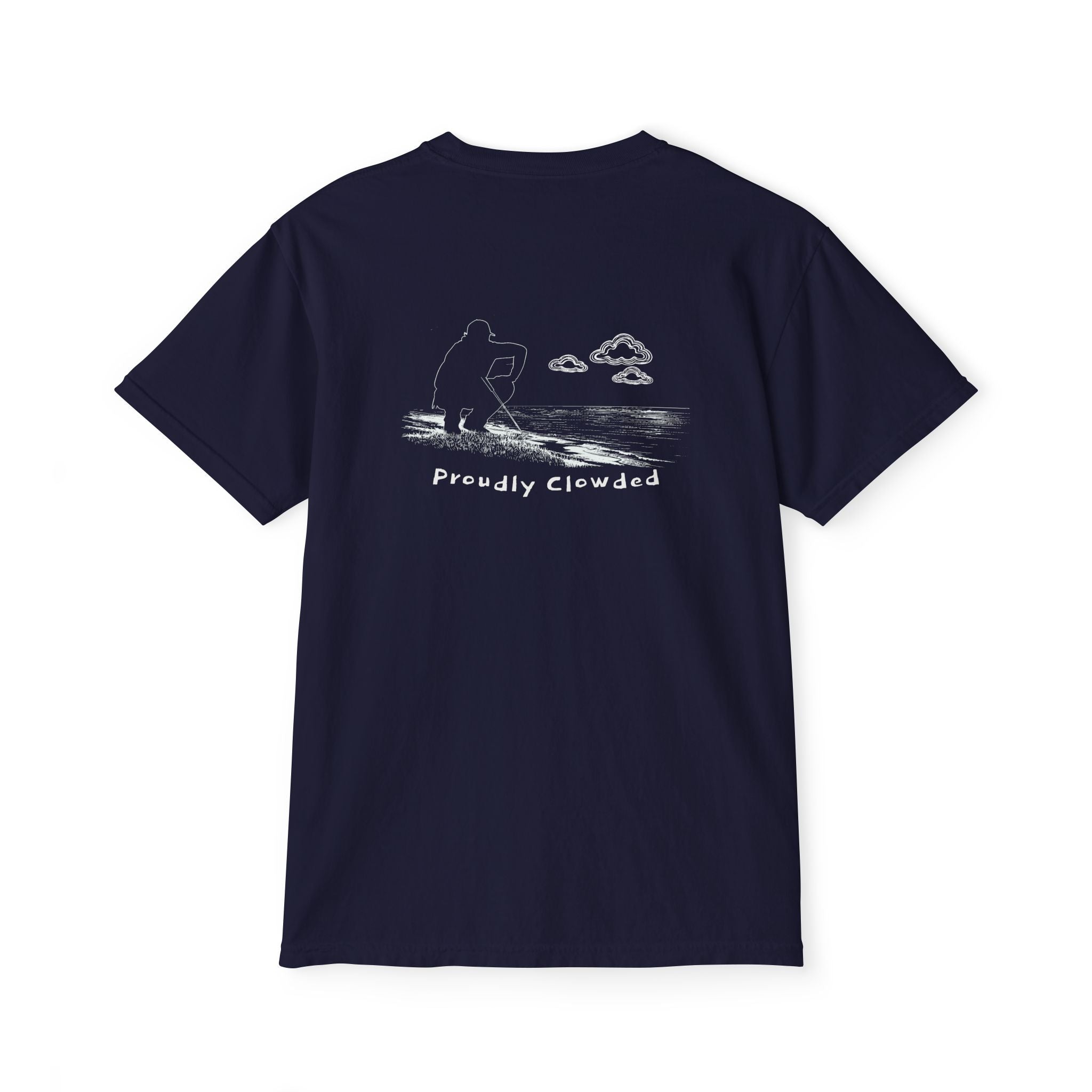 Back of True Navy tee — white-ink golfer crouched low reading the green, with clouds overhead and 'Proudly Clowded' hand-lettered below