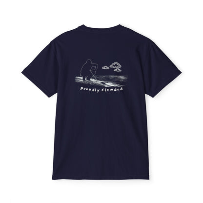 Back of True Navy tee — white-ink golfer crouched low reading the green, with clouds overhead and 'Proudly Clowded' hand-lettered below