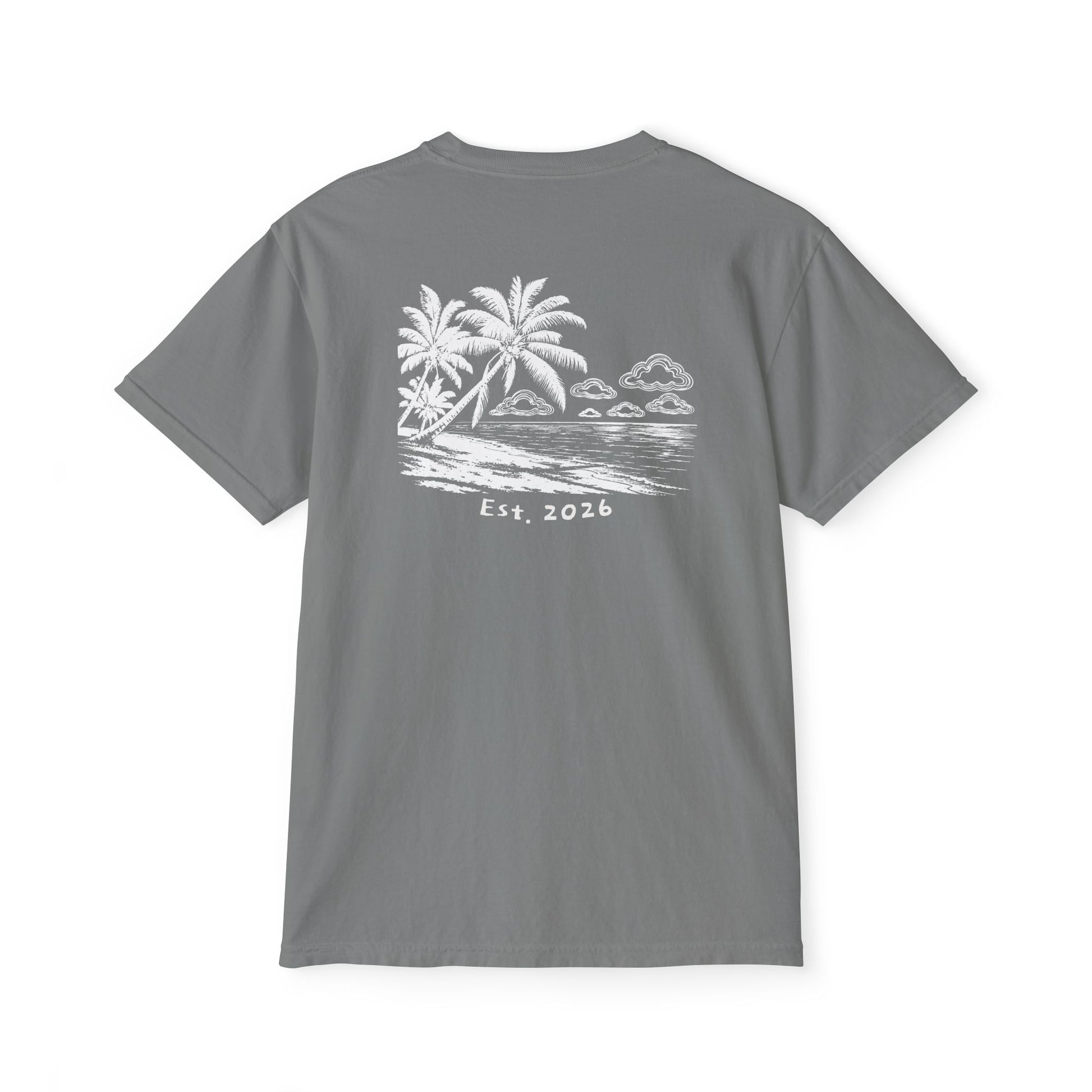 Back of grey tee — white-ink palm beach print with drifting clouds and Est. 2026 lettering