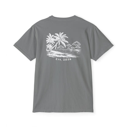 Back of grey tee — white-ink palm beach print with drifting clouds and Est. 2026 lettering