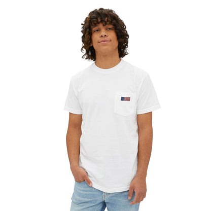 Model wearing the white flag pocket tee, front view