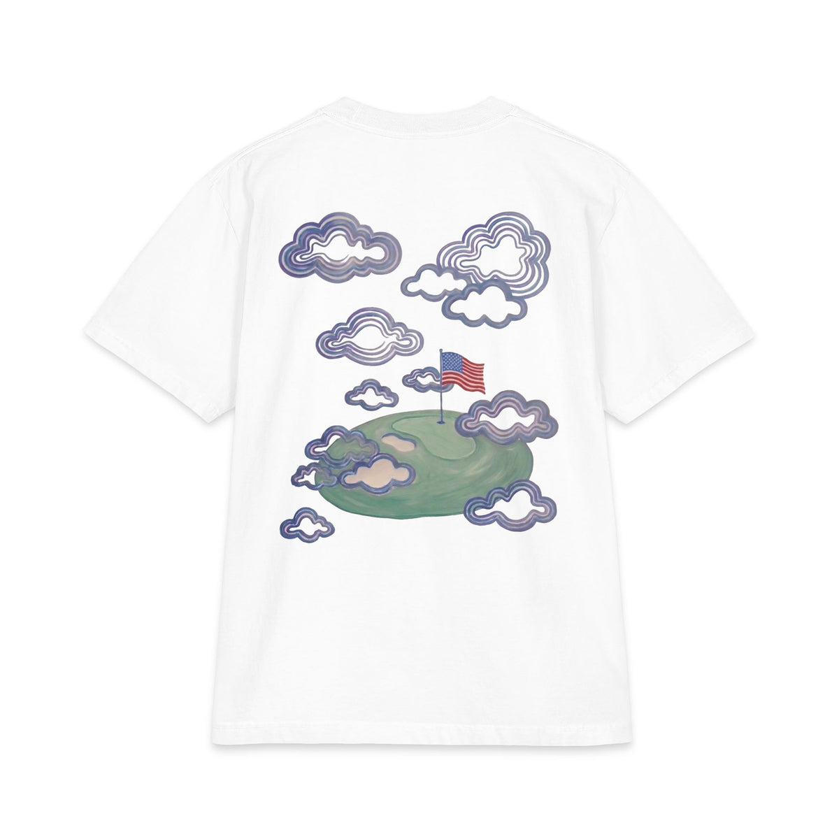 Back of the white Flag in the Clouds tee — an American flag staked in a small floating green, drifting through hand-drawn vintage clouds