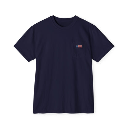 Front of True Navy pocket tee with a small hand-painted American flag on the chest pocket
