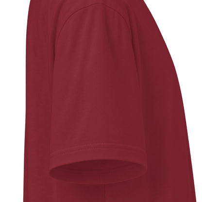 Proudly Clowded Fishing Man Tee — sleeve detail, Burgundy