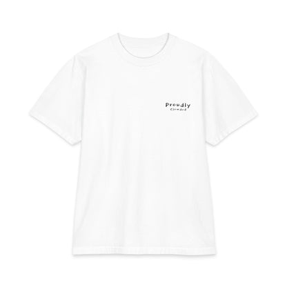 Front of white heavyweight tee with a small 'Proudly Clowded' chest mark
