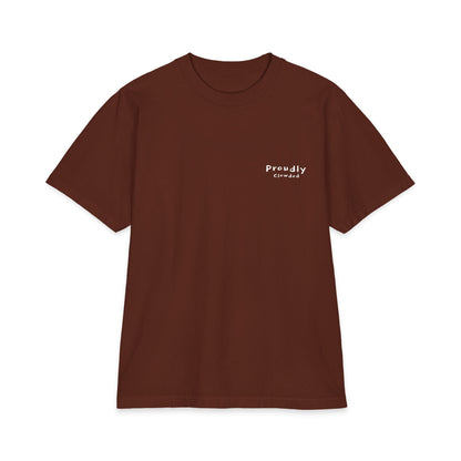 Front of brown tee with a small Proudly Clowded chest mark