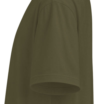 Proudly Clowded Fishing Man Tee — sleeve detail, Hunter Green