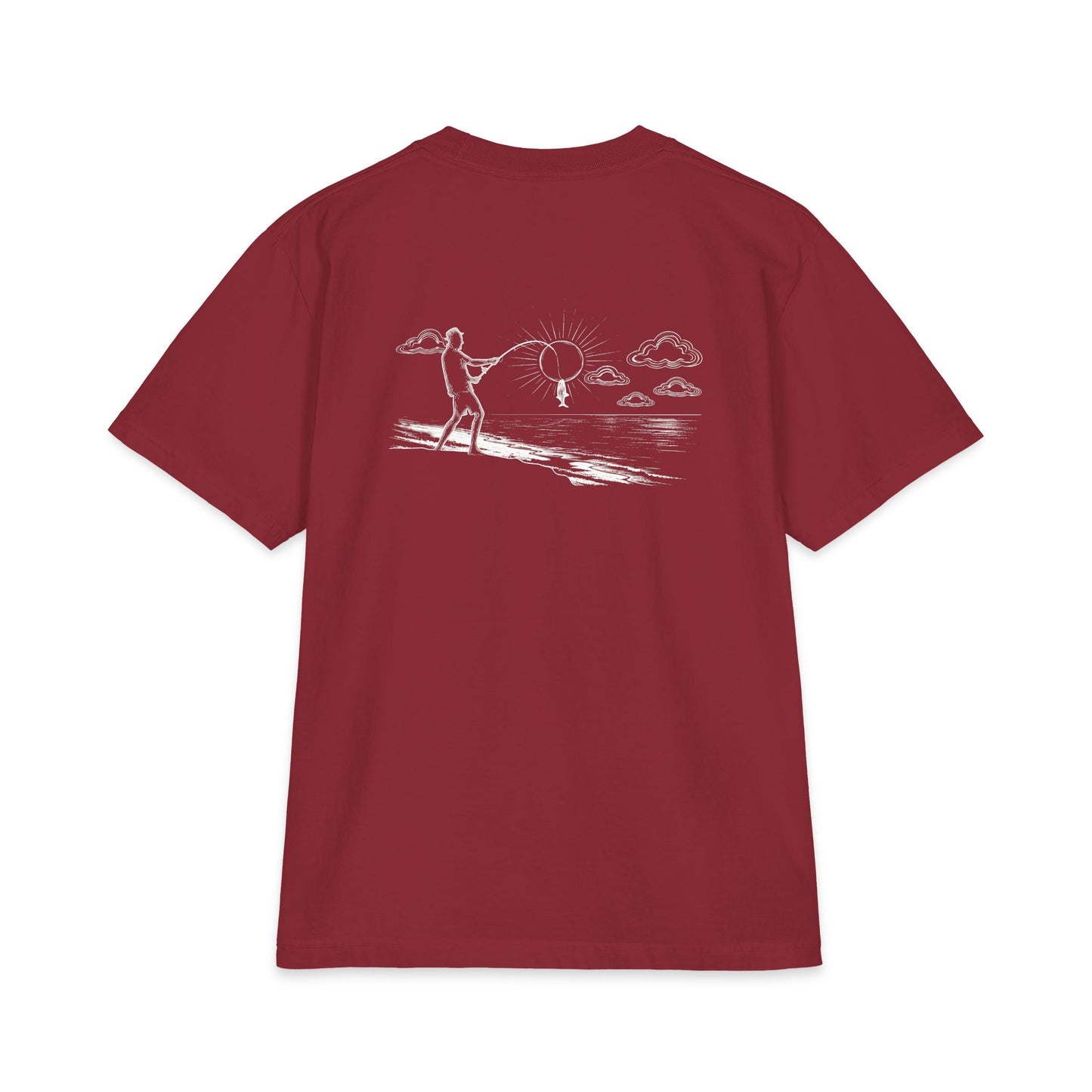 Back of burgundy tee — white-ink fisherman casting from the shore, line looped around the sun with a little fish hanging on