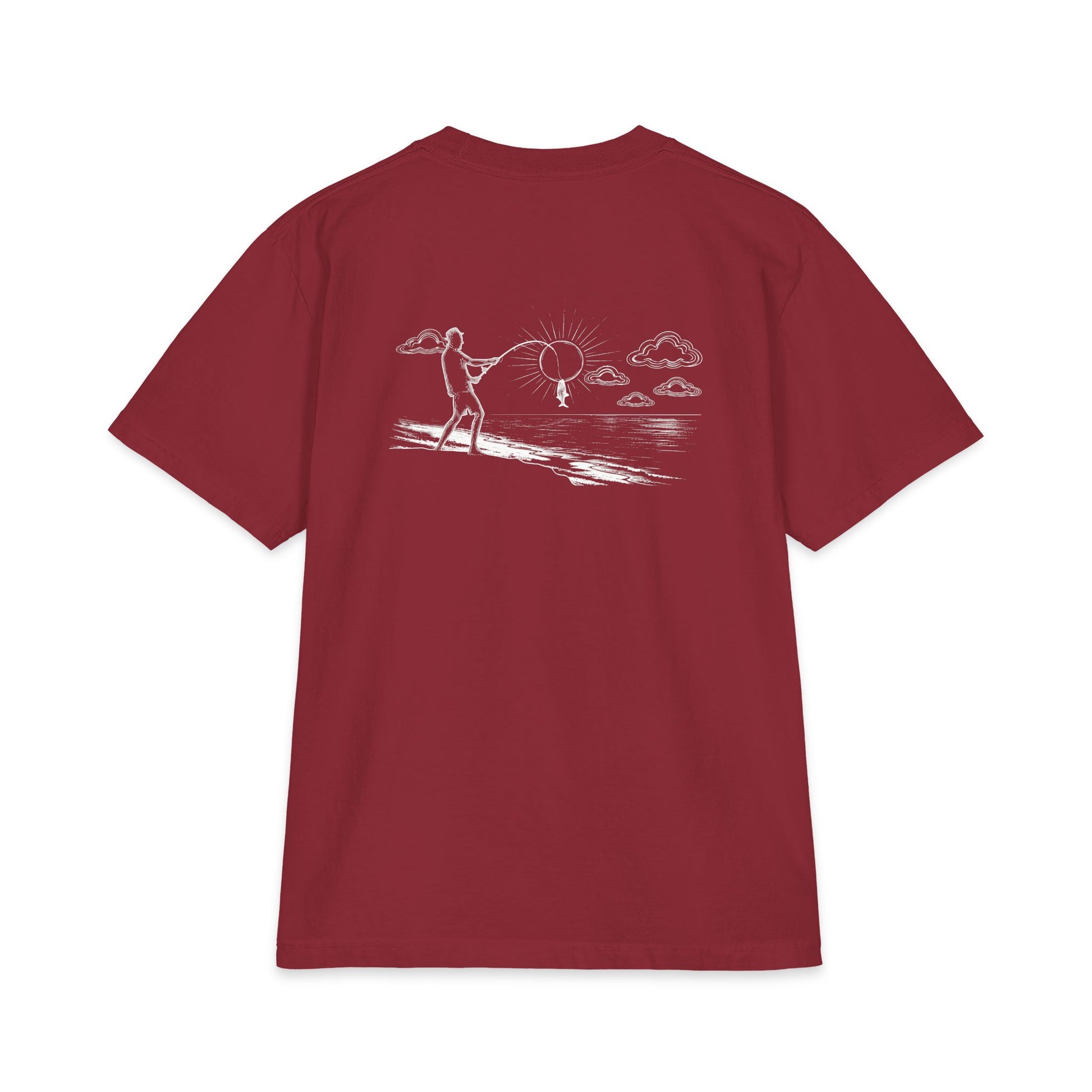 Back of burgundy tee — white-ink fisherman casting from the shore, line looped around the sun with a little fish hanging on