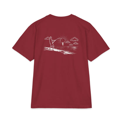 Back of burgundy tee — white-ink fisherman casting from the shore, line looped around the sun with a little fish hanging on