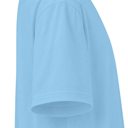 Proudly Clowded Fishing Man Tee — sleeve detail, Sky Blue