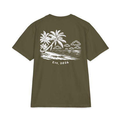 Back of hunter green tee — white-ink palm beach print with clouds and Est. 2026 lettering
