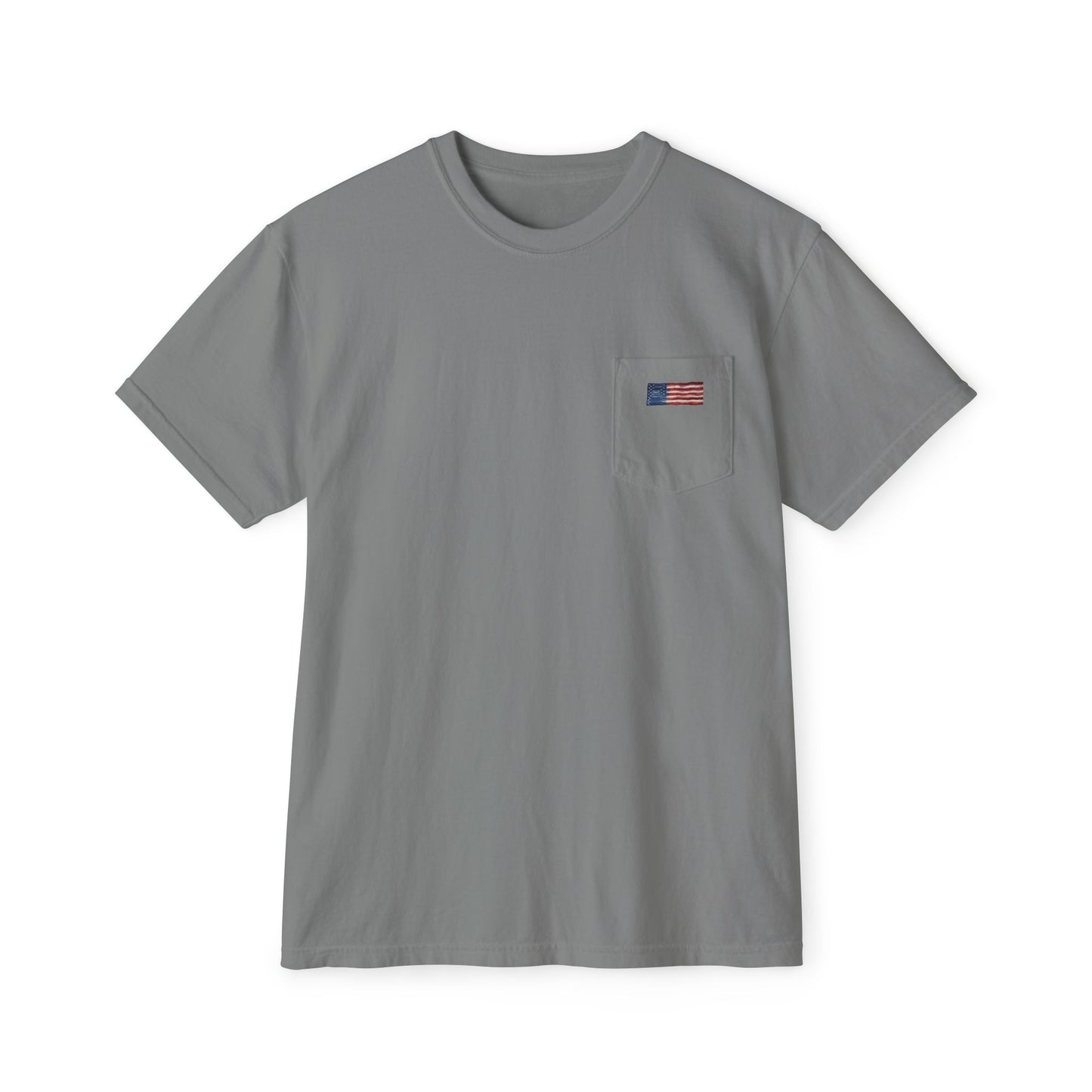 Front of grey pocket tee with a small hand-painted American flag on the chest pocket