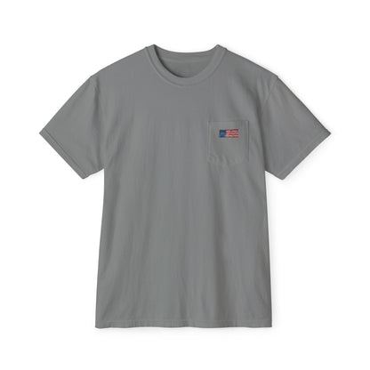 Front of grey pocket tee with a small hand-painted American flag on the chest pocket