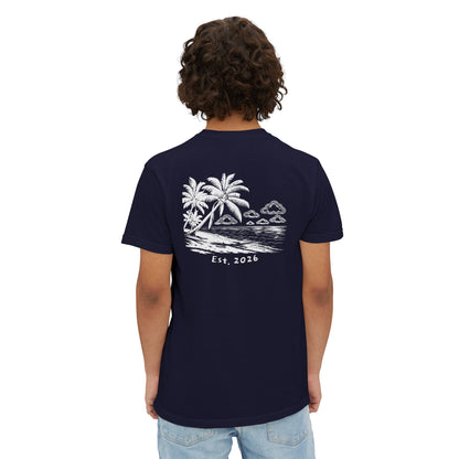 Model wearing the True Navy tee, back view showing the beach-in-the-clouds print