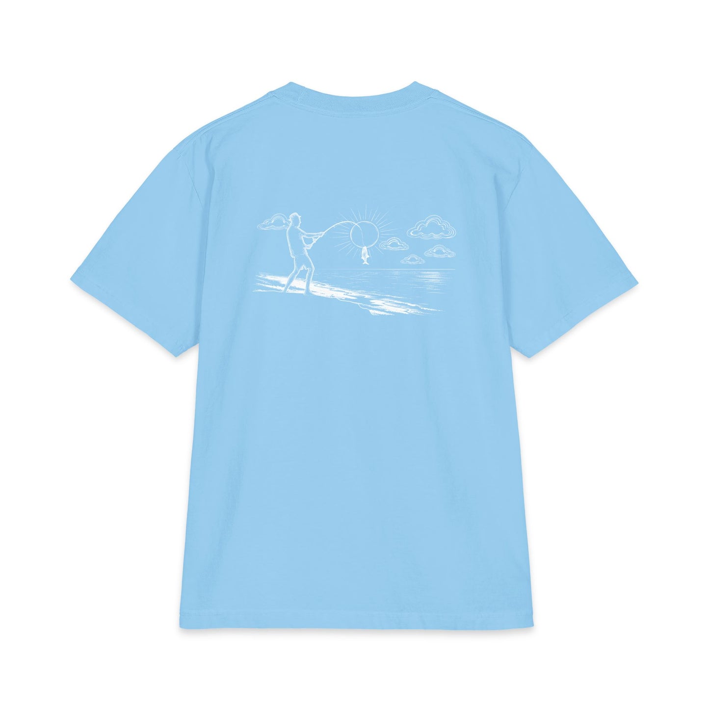 Back of sky blue tee — white-ink fisherman casting from the shore, line looped around the sun with a little fish hanging on
