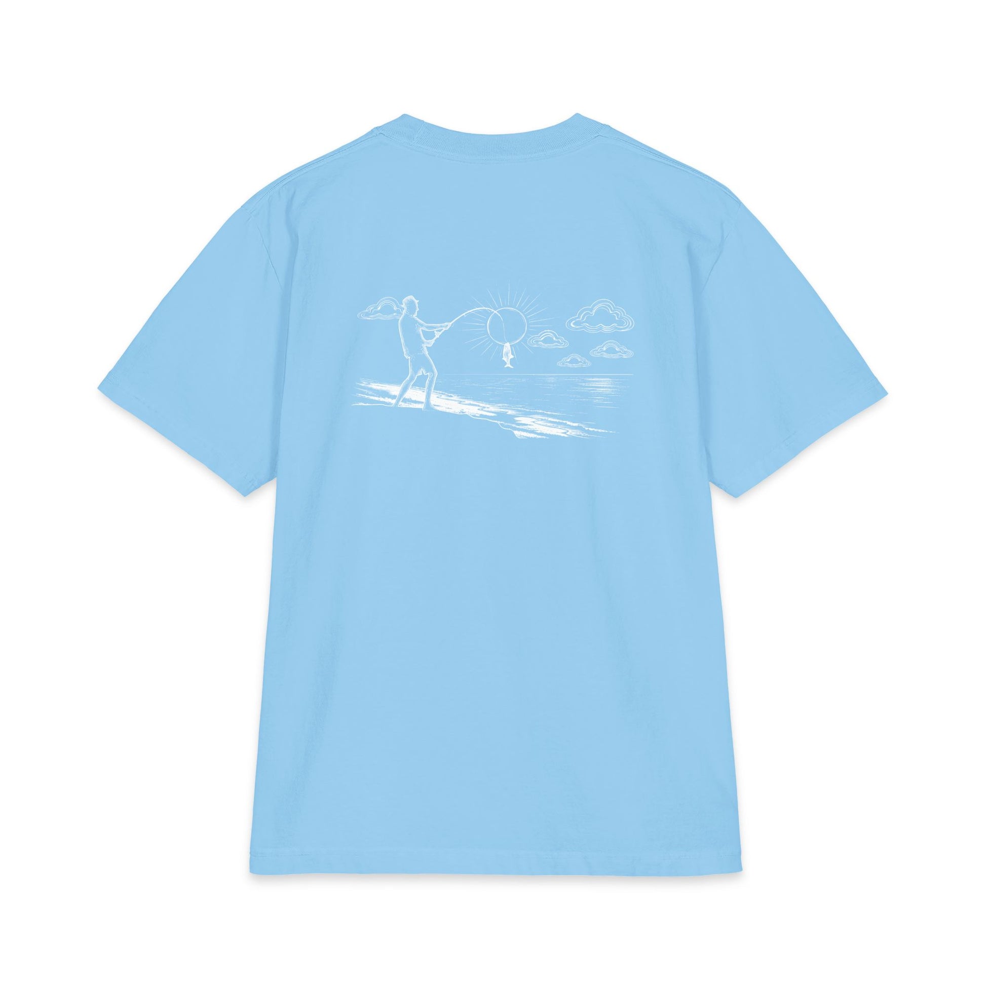 Back of sky blue tee — white-ink fisherman casting from the shore, line looped around the sun with a little fish hanging on