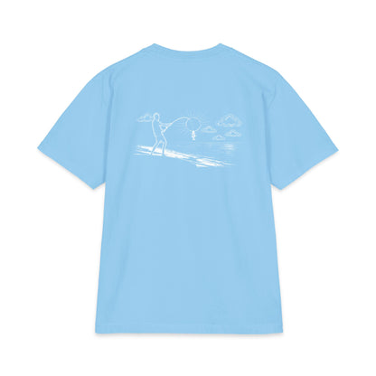 Back of sky blue tee — white-ink fisherman casting from the shore, line looped around the sun with a little fish hanging on
