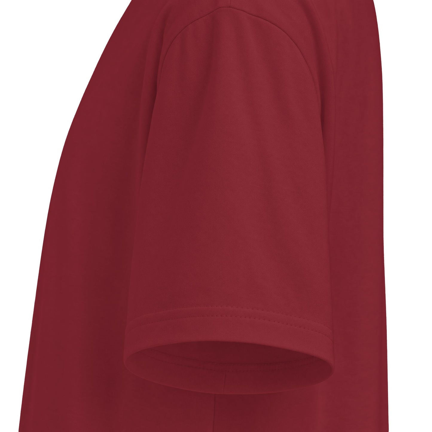 Proudly Clowded Fishing Man Tee — sleeve detail, Burgundy