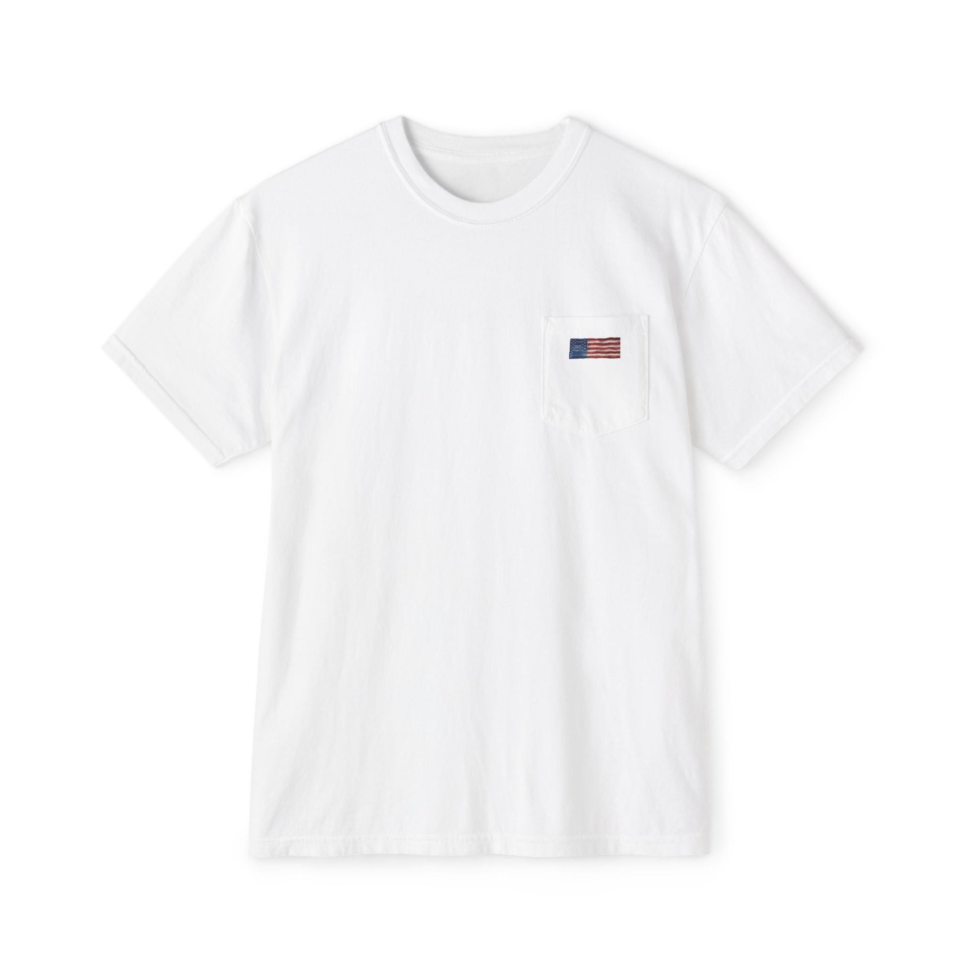 Front of white pocket tee with a small hand-painted American flag on the chest pocket