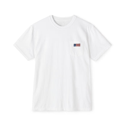 Front of white pocket tee with a small hand-painted American flag on the chest pocket