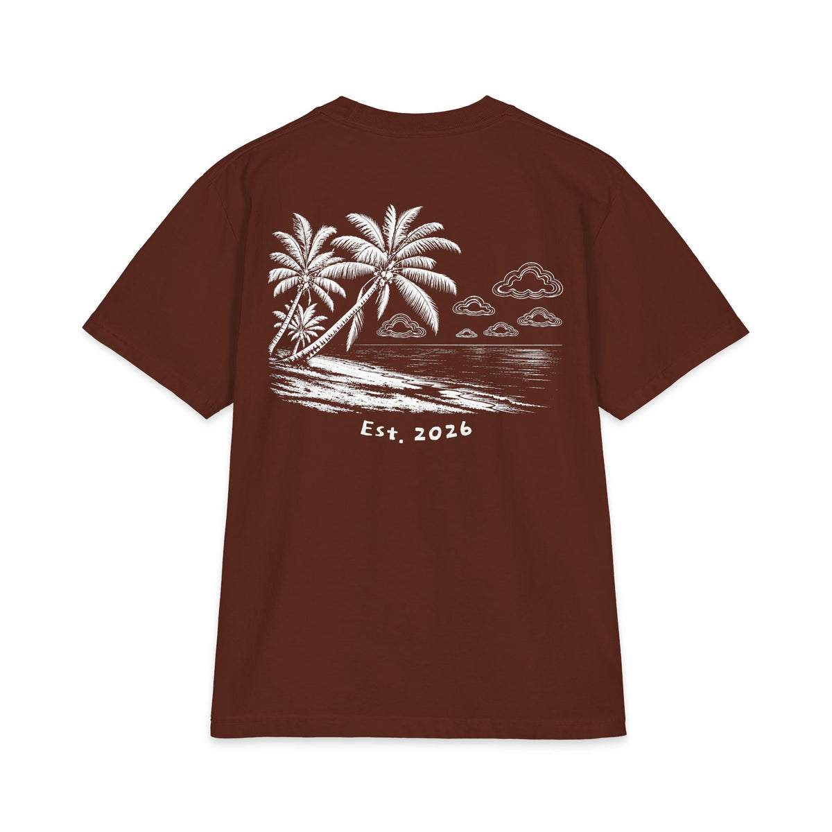 Back of brown tee — white-ink palm beach print with clouds and Est. 2026 lettering
