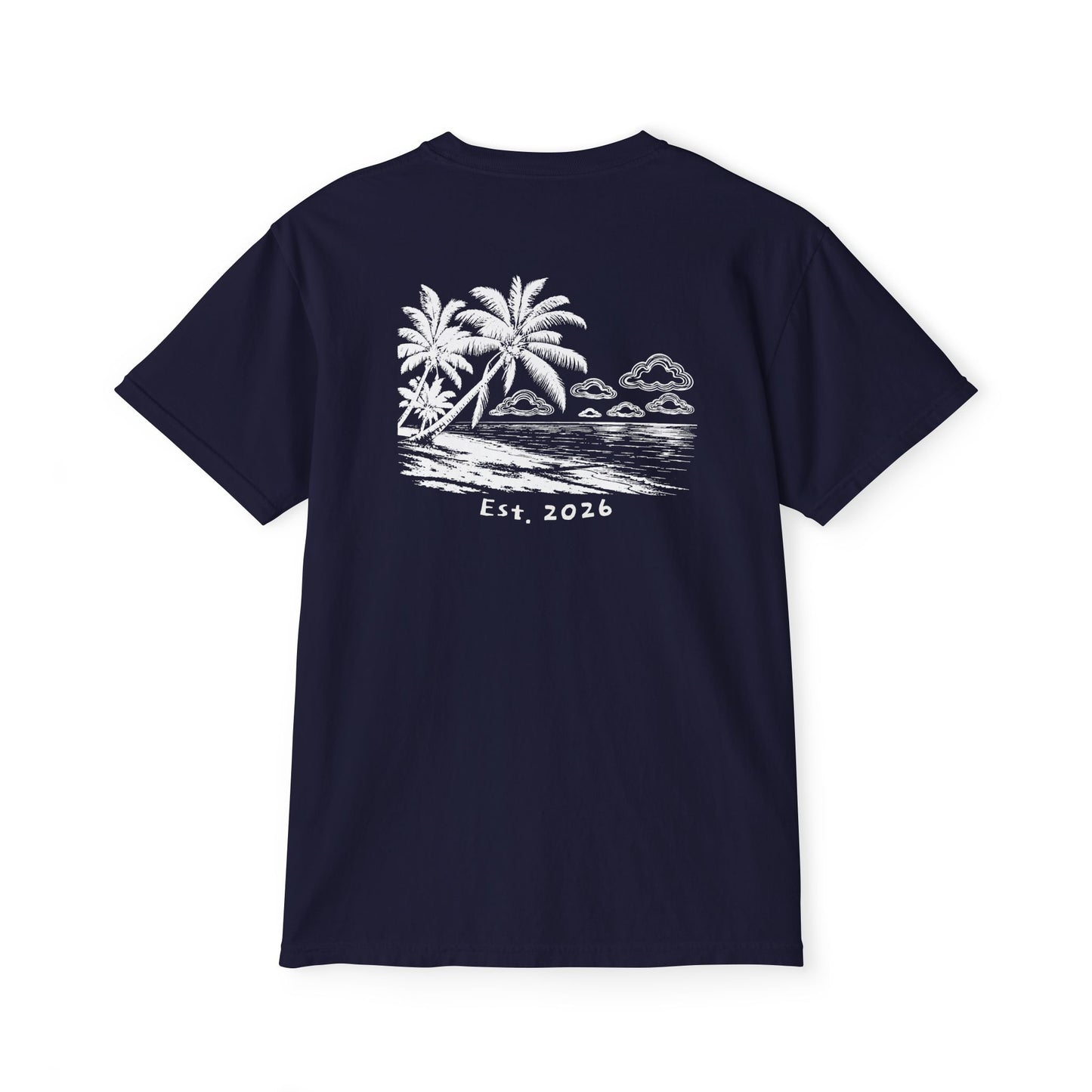 Back of True Navy tee — white-ink palm beach print with drifting clouds and Est. 2026 lettering