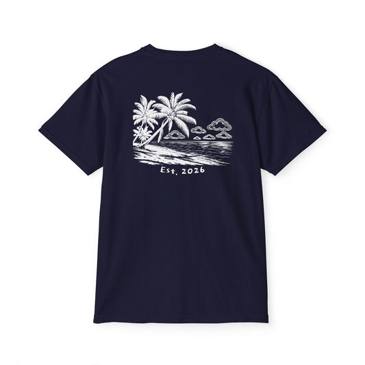 Back of True Navy tee — white-ink palm beach print with drifting clouds and Est. 2026 lettering
