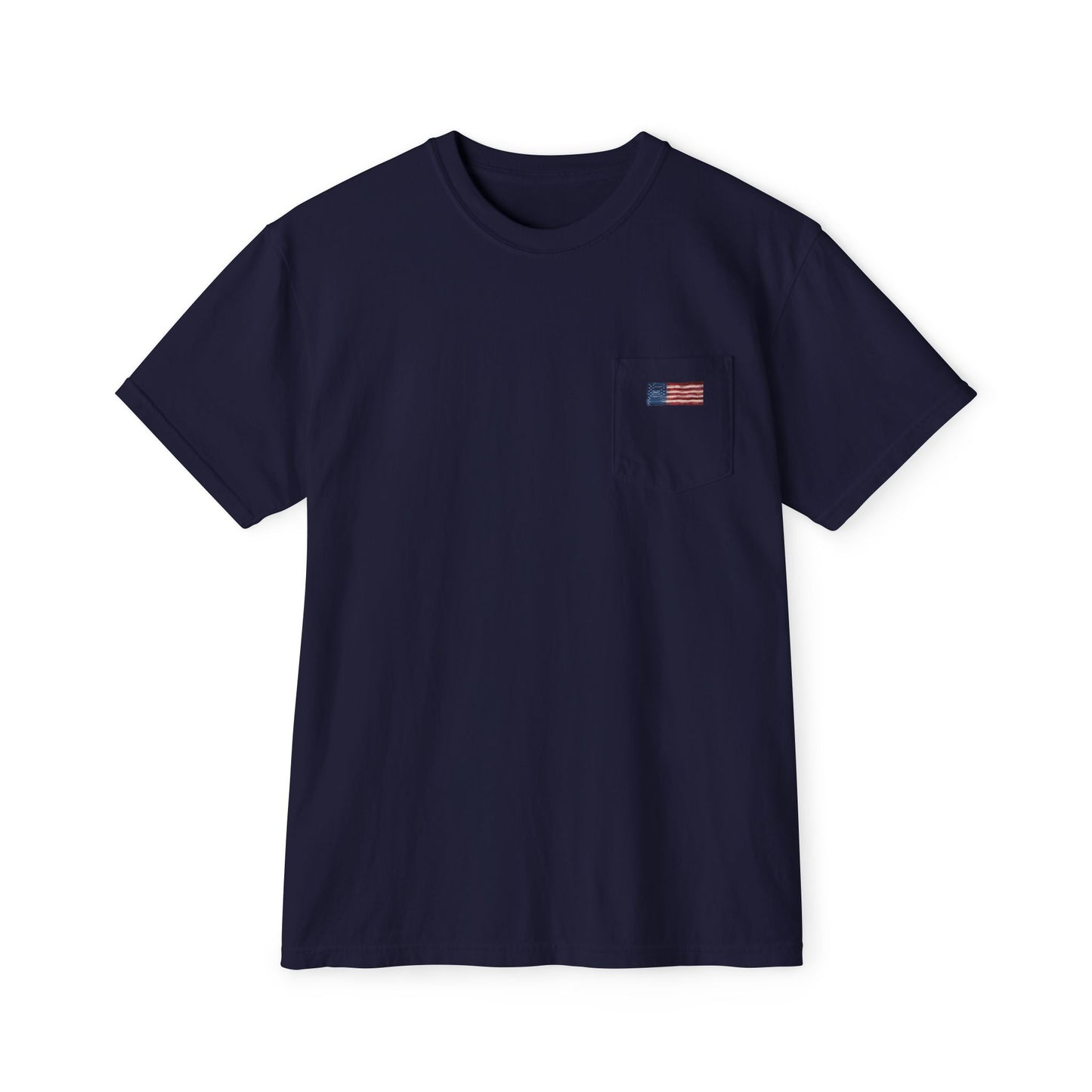 Front of True Navy pocket tee with a small hand-painted American flag on the chest pocket