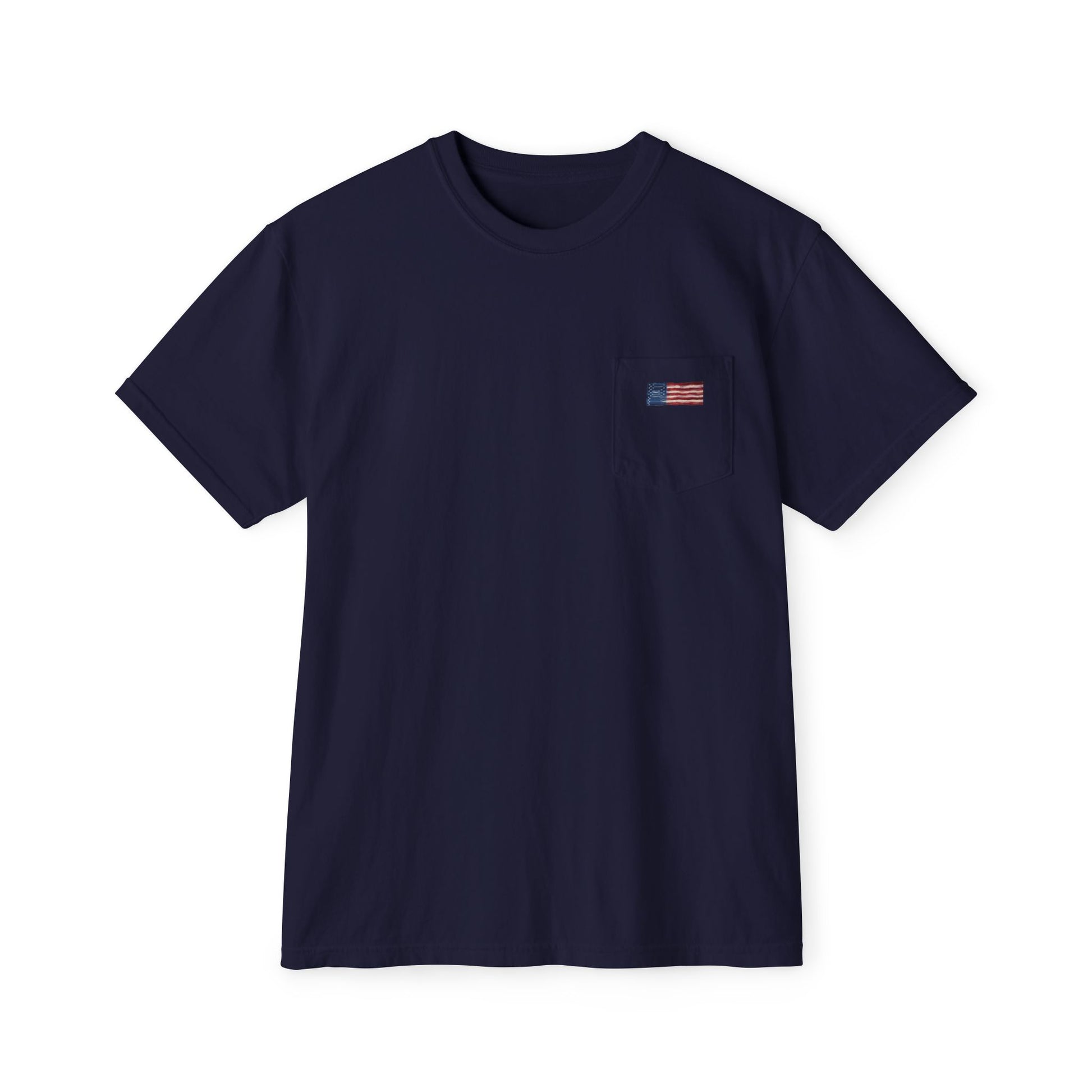 Front of True Navy pocket tee with a small hand-painted American flag on the chest pocket