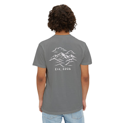 Model wearing the grey tee, back view showing the mountains-in-the-clouds print
