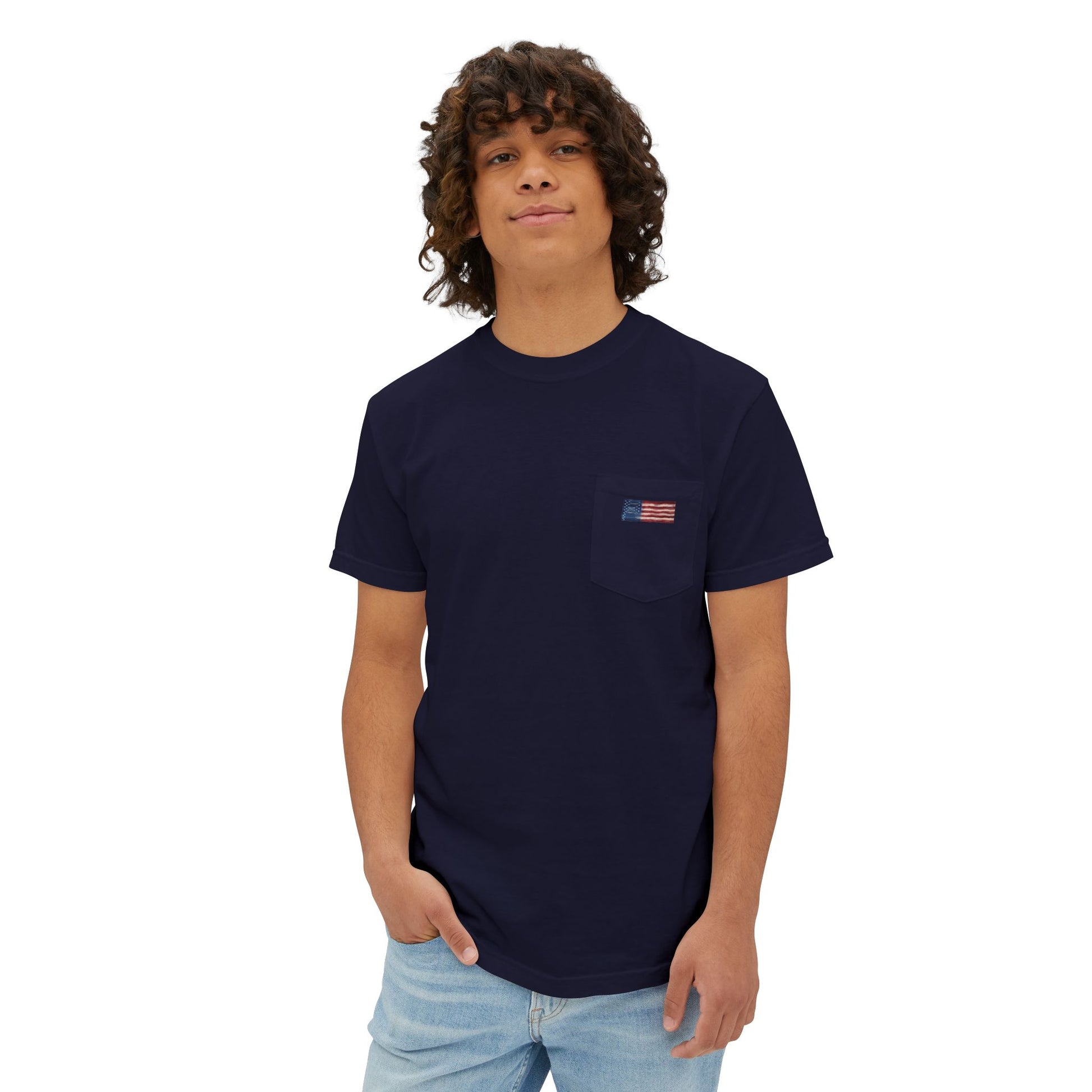 Model wearing the True Navy flag pocket tee, front view