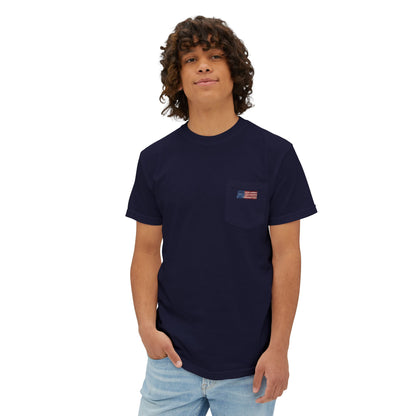 Model wearing the True Navy flag pocket tee, front view
