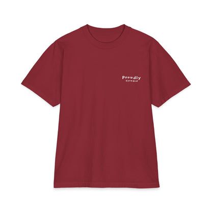 Front of burgundy heavyweight tee with a small 'Proudly Clowded' chest mark