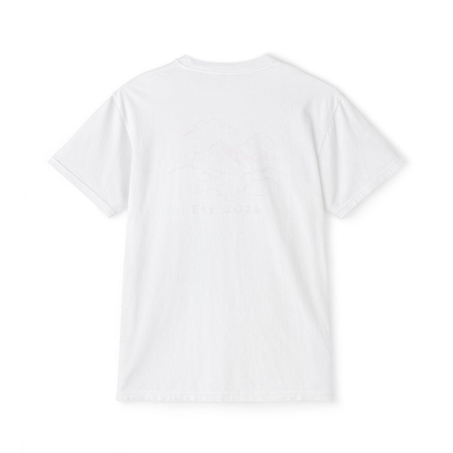 Back of white tee — white-ink mountains-in-the-clouds print, subtle tone-on-tone