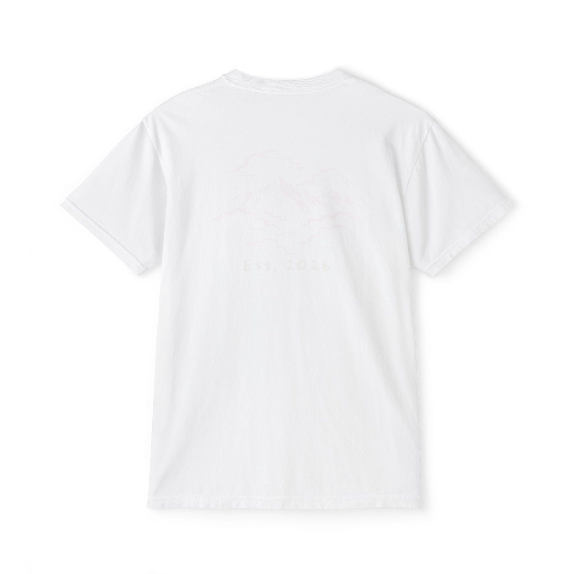 Back of white tee — white-ink mountains-in-the-clouds print, subtle tone-on-tone