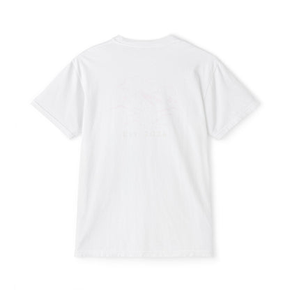 Back of white tee — white-ink mountains-in-the-clouds print, subtle tone-on-tone
