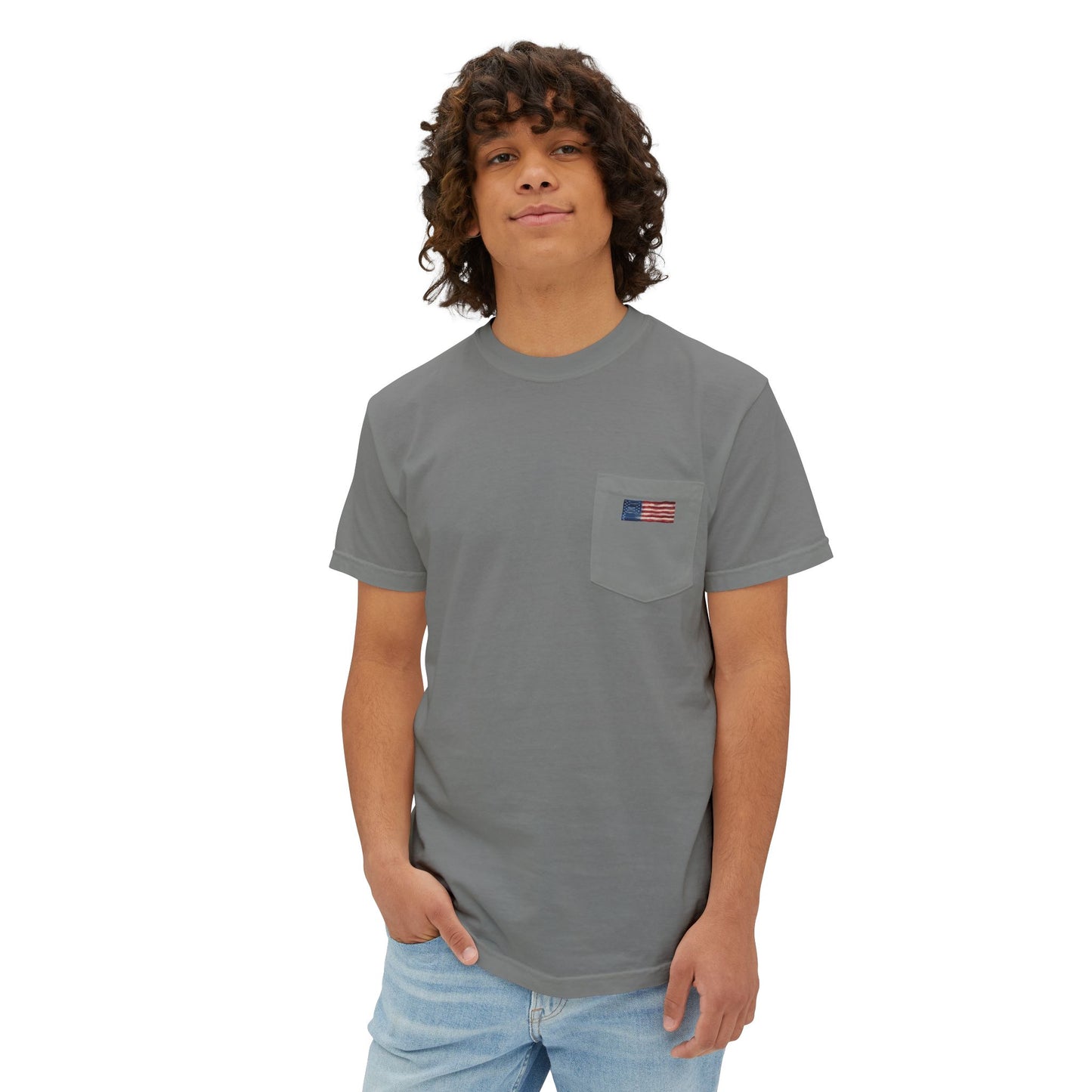 Model wearing the grey flag pocket tee, front view