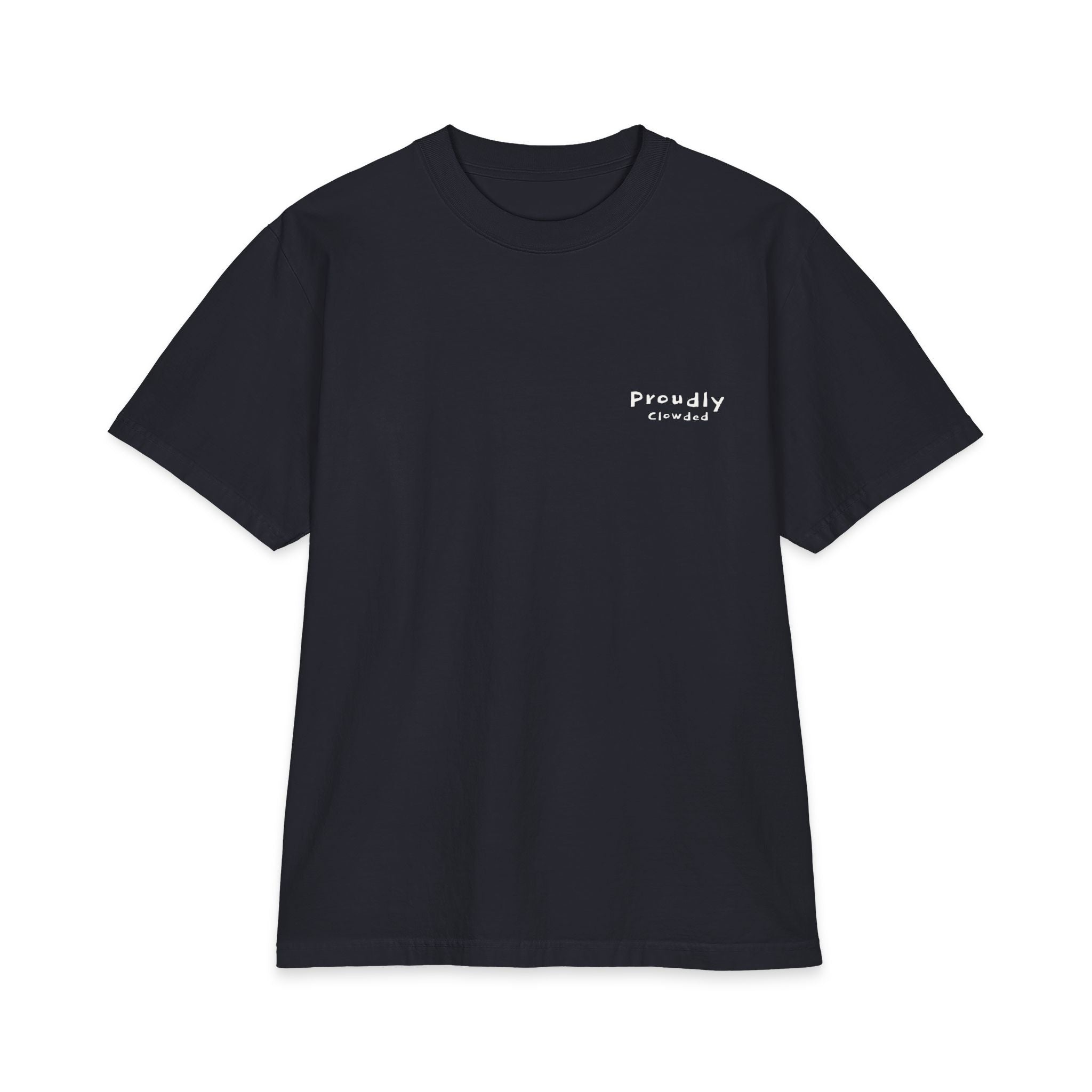 Reading the Green Tee in Navy, front view with small Proudly Clowded chest wordmark