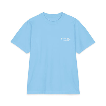 Front of sky blue heavyweight tee with a small 'Proudly Clowded' chest mark
