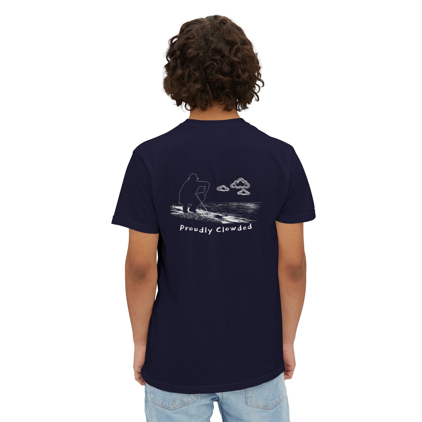 Model wearing the True Navy tee, back view showing the reading-the-green print