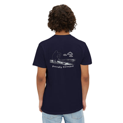 Model wearing the True Navy tee, back view showing the reading-the-green print