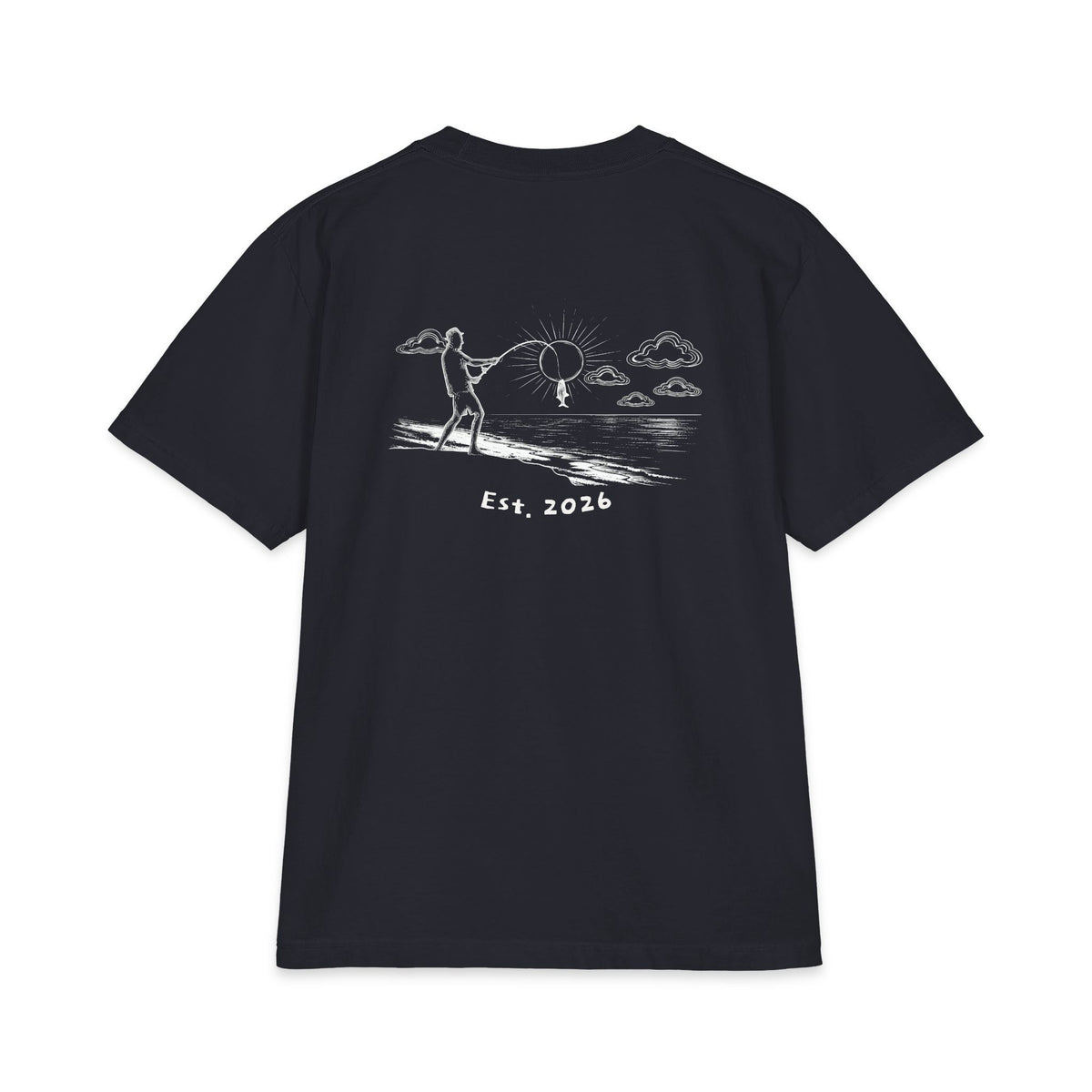 Back of navy tee, white-ink fisherman casting from the shore, line looped around the sun, Est. 2026 underneath