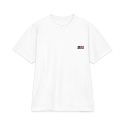 Front of white heavyweight tee with a small hand-painted American flag on the chest
